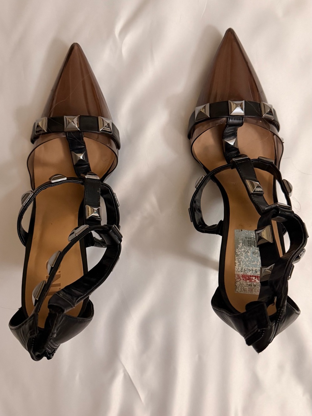 Pointed T-Strap Studded Heels in Brown and Black